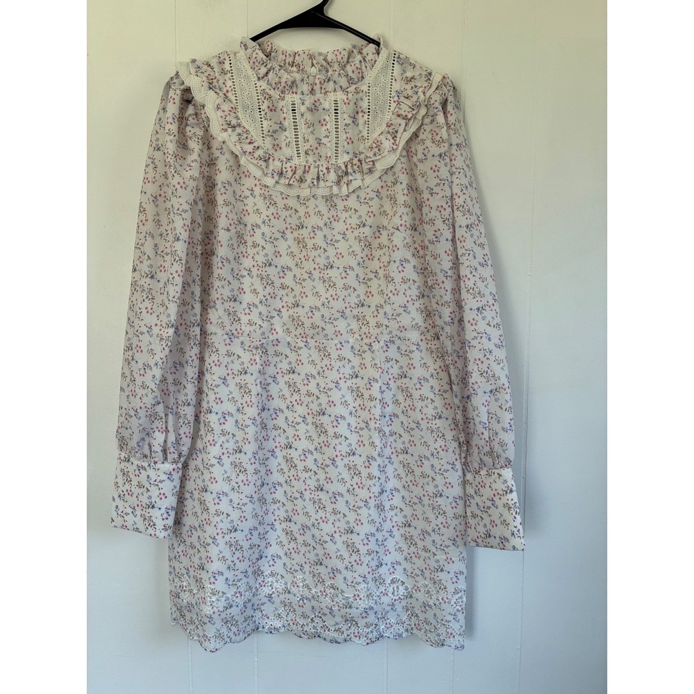 Glamorous Floral Mini Dress White Pink Blue Lace Ruffle‎ Eyelet Hem Prairie US 8